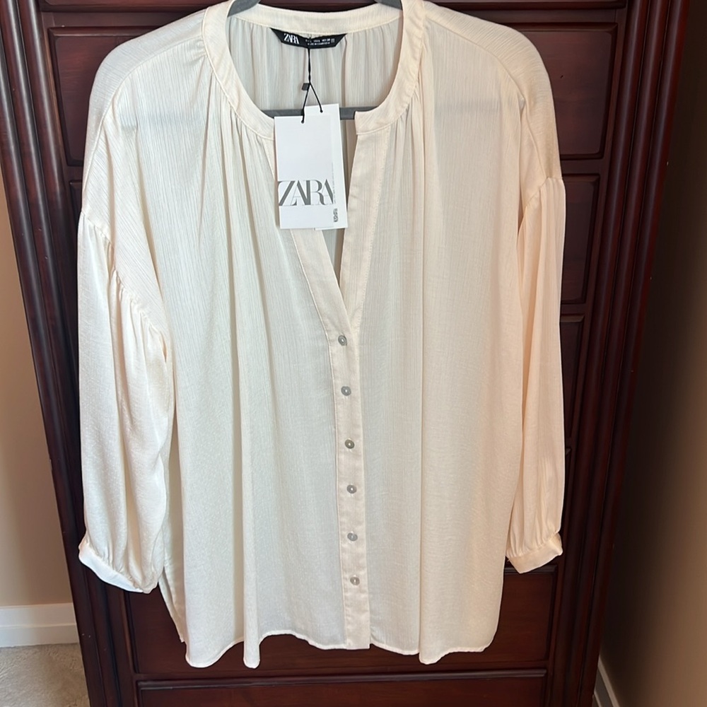 Zara Satin Effect Jacquard Blouse Ecru Large NWT